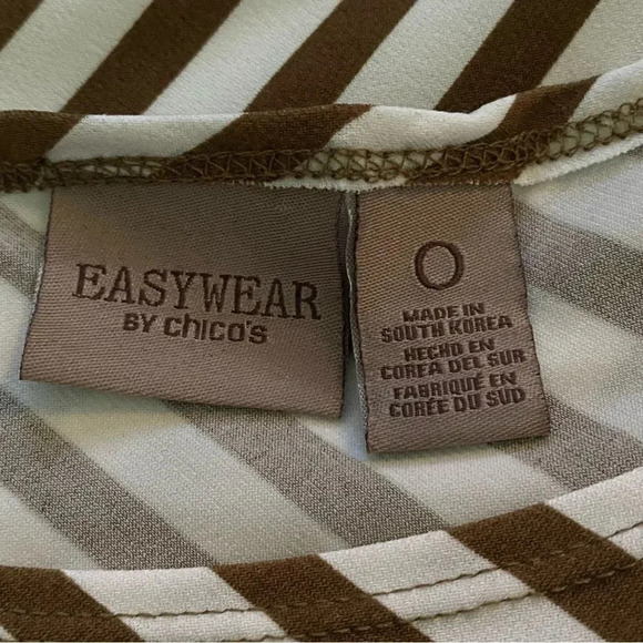 CHICOS 0 S Small Top Shirt Brown Striped 3/4 Sleeve Round Neck Stretch Casual - Picture 5 of 5